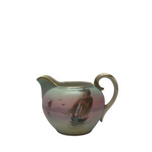 Nippon Creamer Handpainted Greens Golds Creamer Boat Scene